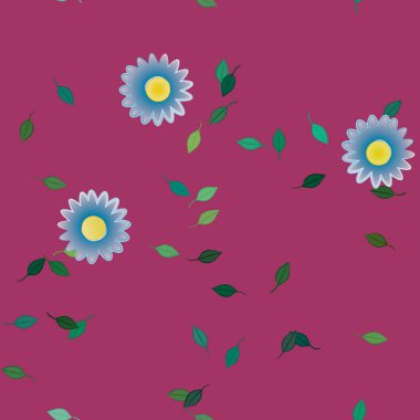 Basit renkli çiçekleri ve arka planda yeşil yaprakları olan güzel kompozisyon, vektör illüstrasyonu