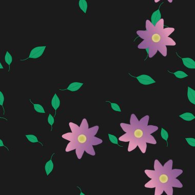 Serbest kompozisyonda yeşil yapraklı basit çiçekler, vektör illüstrasyonu