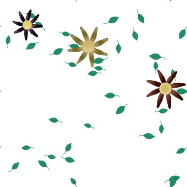 Serbest kompozisyonda yeşil yapraklı basit çiçekler, vektör illüstrasyonu