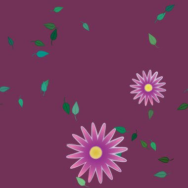 arkaplanda renkli çiçekler ve yeşil yapraklar, vektör illüstrasyonu