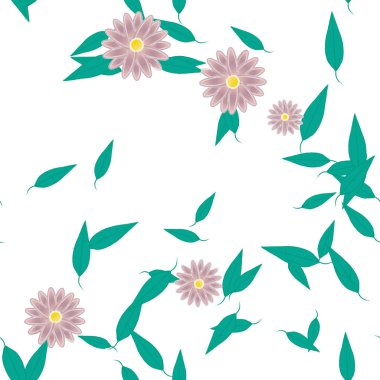 basit renkli çiçekleri olan serbest kompozisyon ve duvar kağıdı için yeşil yapraklar, vektör illüstrasyonu