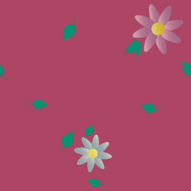 Basit renkli çiçekleri ve arka planda yeşil yaprakları olan güzel kompozisyon, vektör illüstrasyonu