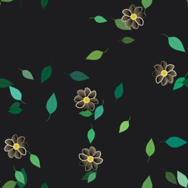 Basit renkli çiçekleri ve arka planda yeşil yaprakları olan güzel kompozisyon, vektör illüstrasyonu  