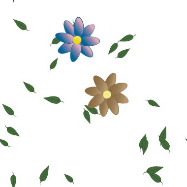 Serbest kompozisyonda yeşil yapraklı basit çiçekler, vektör illüstrasyonu