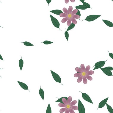 Basit renkli çiçekleri ve arka planda yeşil yaprakları olan güzel kompozisyon, vektör illüstrasyonu