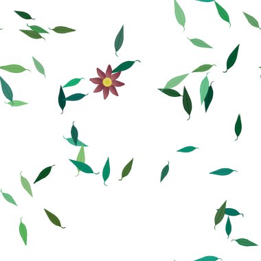 Serbest kompozisyonda yeşil yapraklı basit çiçekler, vektör illüstrasyonu