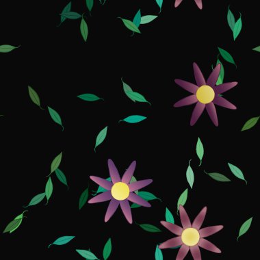 basit renkli çiçekleri olan serbest kompozisyon ve duvar kağıdı için yeşil yapraklar, vektör illüstrasyonu