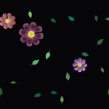 Basit renkli çiçekleri ve arka planda yeşil yaprakları olan güzel kompozisyon, vektör illüstrasyonu