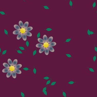 Serbest kompozisyonda yeşil yapraklı basit çiçekler, vektör illüstrasyonu