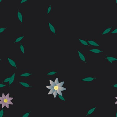 Basit renkli çiçekleri ve arka planda yeşil yaprakları olan güzel kompozisyon, vektör illüstrasyonu