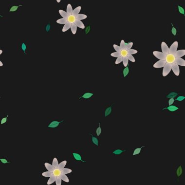 Serbest kompozisyonda yeşil yapraklı basit çiçekler, vektör illüstrasyonu