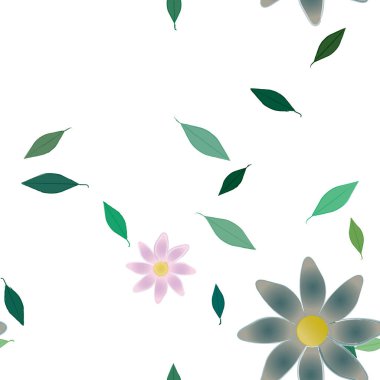 arkaplanda renkli çiçekler ve yeşil yapraklar, vektör illüstrasyonu