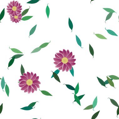 basit renkli çiçekleri olan serbest kompozisyon ve duvar kağıdı için yeşil yapraklar, vektör illüstrasyonu