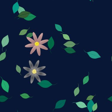 Serbest kompozisyonda yeşil yapraklı basit çiçekler, vektör illüstrasyonu