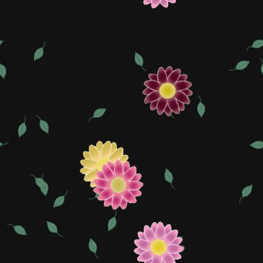 arkaplanda renkli çiçekler ve yeşil yapraklar, vektör illüstrasyonu