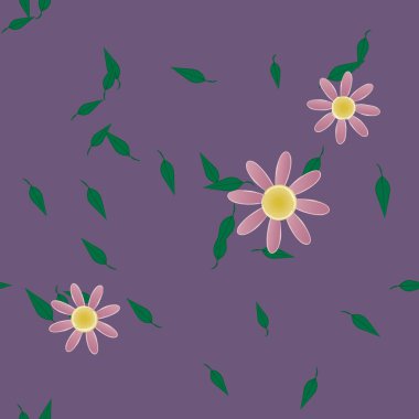 Basit renkli çiçekleri ve arka planda yeşil yaprakları olan güzel kompozisyon, vektör illüstrasyonu