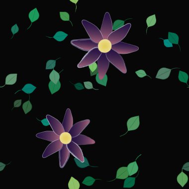 Serbest kompozisyonda yeşil yapraklı basit çiçekler, vektör illüstrasyonu