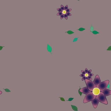 Serbest kompozisyonda yeşil yapraklı basit çiçekler, vektör illüstrasyonu