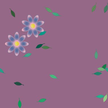 basit renkli çiçekleri olan serbest kompozisyon ve duvar kağıdı için yeşil yapraklar, vektör illüstrasyonu