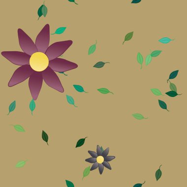 basit renkli çiçekleri olan serbest kompozisyon ve duvar kağıdı için yeşil yapraklar, vektör illüstrasyonu