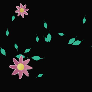 Serbest kompozisyonda yeşil yapraklı basit çiçekler, vektör illüstrasyonu