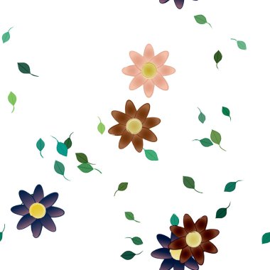 arkaplanda renkli çiçekler ve yeşil yapraklar, vektör illüstrasyonu