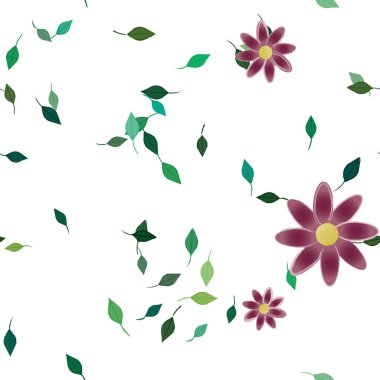 arkaplanda renkli çiçekler ve yeşil yapraklar, vektör illüstrasyonu