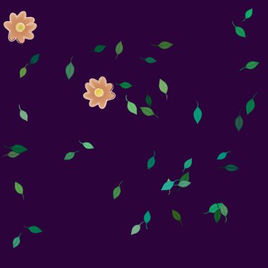 Serbest kompozisyonda yeşil yapraklı basit çiçekler, vektör illüstrasyonu