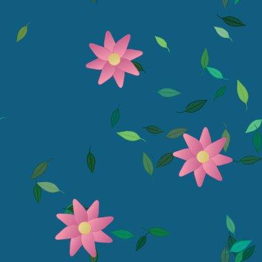 basit renkli çiçekleri olan serbest kompozisyon ve duvar kağıdı için yeşil yapraklar, vektör illüstrasyonu