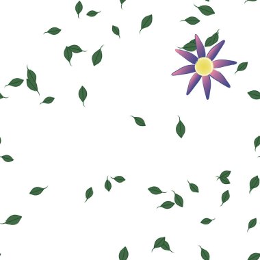 basit renkli çiçekleri olan serbest kompozisyon ve duvar kağıdı için yeşil yapraklar, vektör illüstrasyonu