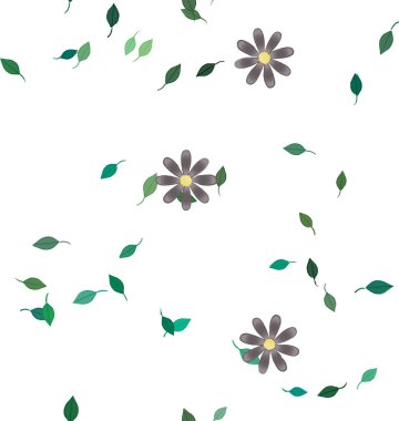 basit renkli çiçekleri olan serbest kompozisyon ve duvar kağıdı için yeşil yapraklar, vektör illüstrasyonu