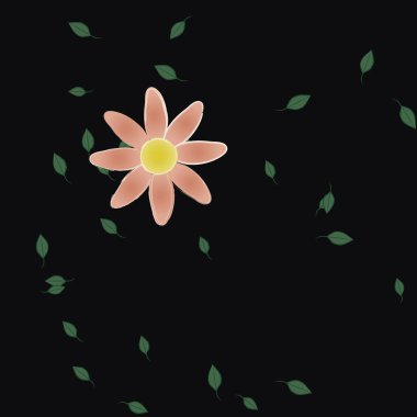 basit renkli çiçekleri olan serbest kompozisyon ve duvar kağıdı için yeşil yapraklar, vektör illüstrasyonu