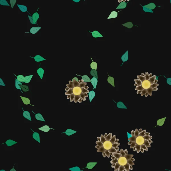 Красива Композиція Простими Кольоровими Квітами Зеленим Листям Чорному Фоні Векторні — стоковий вектор