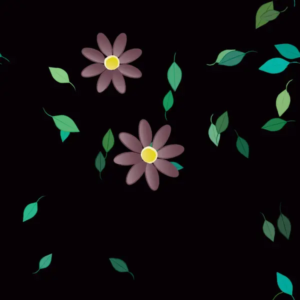 Hermosa Composición Con Flores Colores Simples Hojas Verdes Fondo Negro — Archivo Imágenes Vectoriales