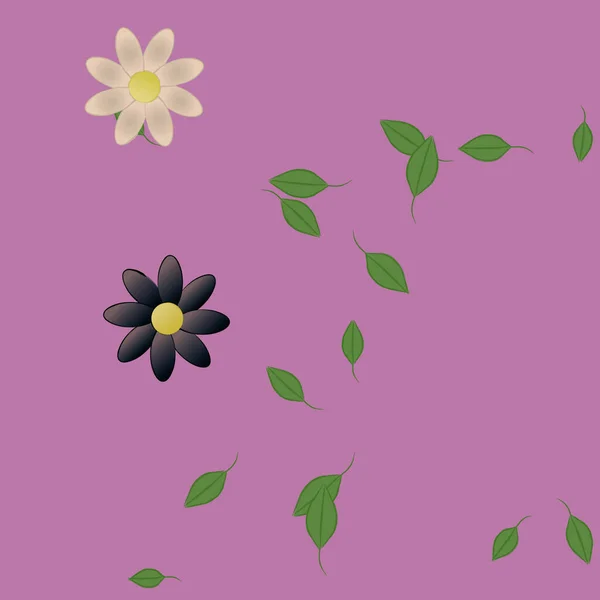 Composição Bonita Com Flores Coloridas Simples Folhas Verdes Fundo Rosa — Vetor de Stock