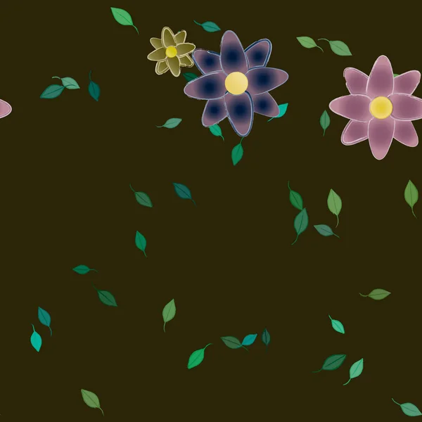Vacker Komposition Med Enkla Färgade Blommor Och Gröna Blad Svart — Stock vektor