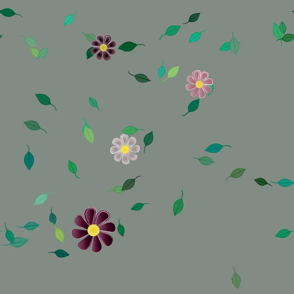 Modèle Vectoriel Avec Des Fleurs Colorées Simples Des Feuilles Vertes — Image vectorielle