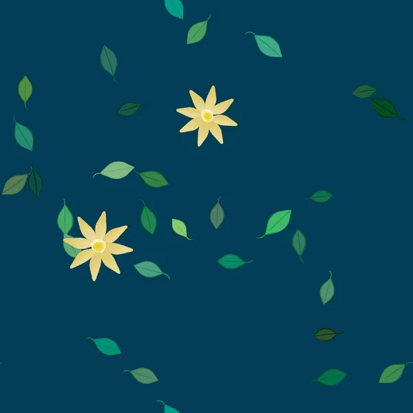 Hermosa Composición Con Flores Colores Simples Hojas Verdes Fondo Azul — Vector de stock