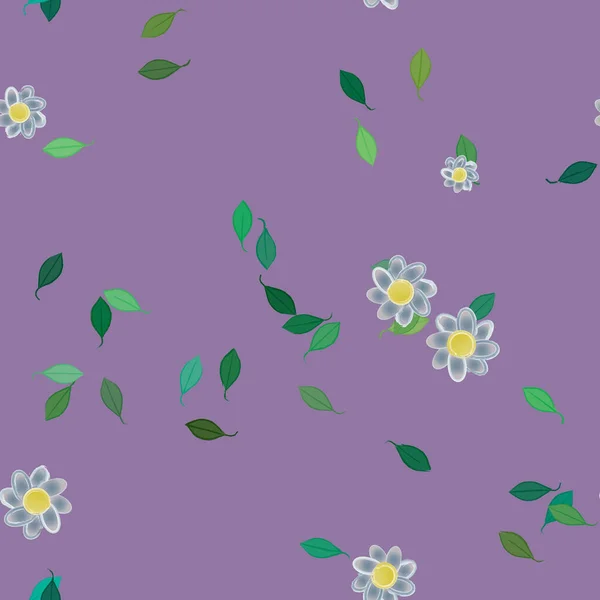 Mooie Compositie Met Eenvoudige Gekleurde Bloemen Groene Bladeren Violette Achtergrond — Stockvector