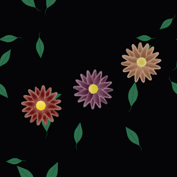 Mooie Compositie Met Eenvoudige Gekleurde Bloemen Groene Bladeren Achtergrond Vector — Stockvector