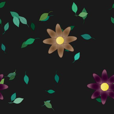 Basit renkli çiçekleri ve siyah arkaplanda yeşil yaprakları olan güzel kompozisyon, vektör illüstrasyonu 