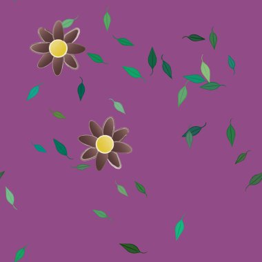 basit renkli çiçekleri olan serbest kompozisyon ve duvar kağıdı için yeşil yapraklar, vektör illüstrasyonu