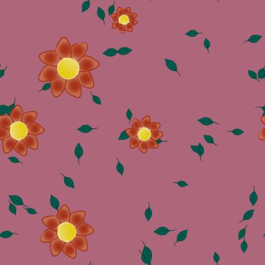 basit renkli çiçekleri olan serbest kompozisyon ve duvar kağıdı için yeşil yapraklar, vektör illüstrasyonu