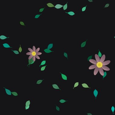 Basit renkli çiçekleri ve arka planda yeşil yaprakları olan güzel kompozisyon, vektör illüstrasyonu