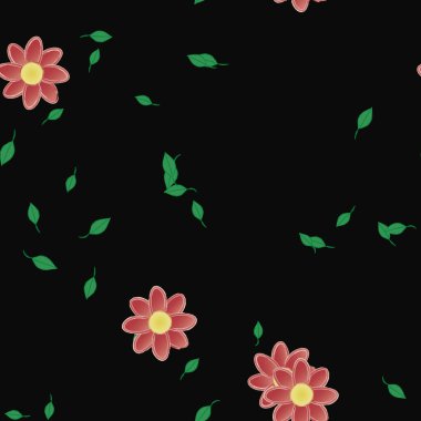 Basit renkli çiçekleri ve arka planda yeşil yaprakları olan güzel kompozisyon, vektör illüstrasyonu