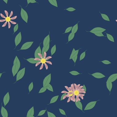 Basit renkli çiçekleri ve arka planda yeşil yaprakları olan güzel kompozisyon, vektör illüstrasyonu