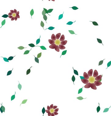 Serbest kompozisyonda yeşil yapraklı basit çiçekler, vektör illüstrasyonu