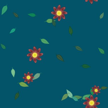 Serbest kompozisyonda yeşil yapraklı basit çiçekler, vektör illüstrasyonu