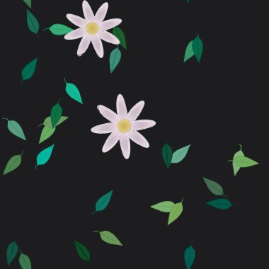 Basit renkli çiçekleri ve arka planda yeşil yaprakları olan güzel kompozisyon, vektör illüstrasyonu