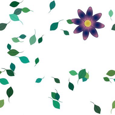 basit renkli çiçekleri olan serbest kompozisyon ve duvar kağıdı için yeşil yapraklar, vektör illüstrasyonu